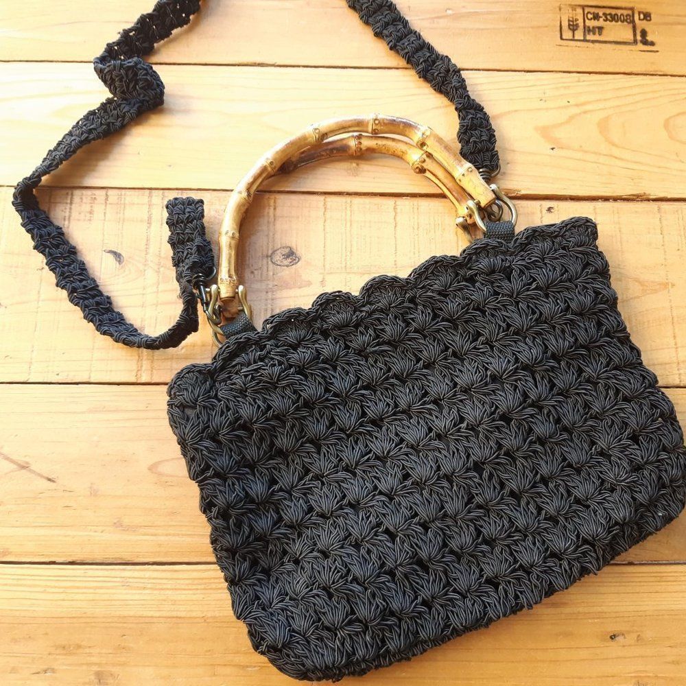 vintage black woven purse / crossbody bag